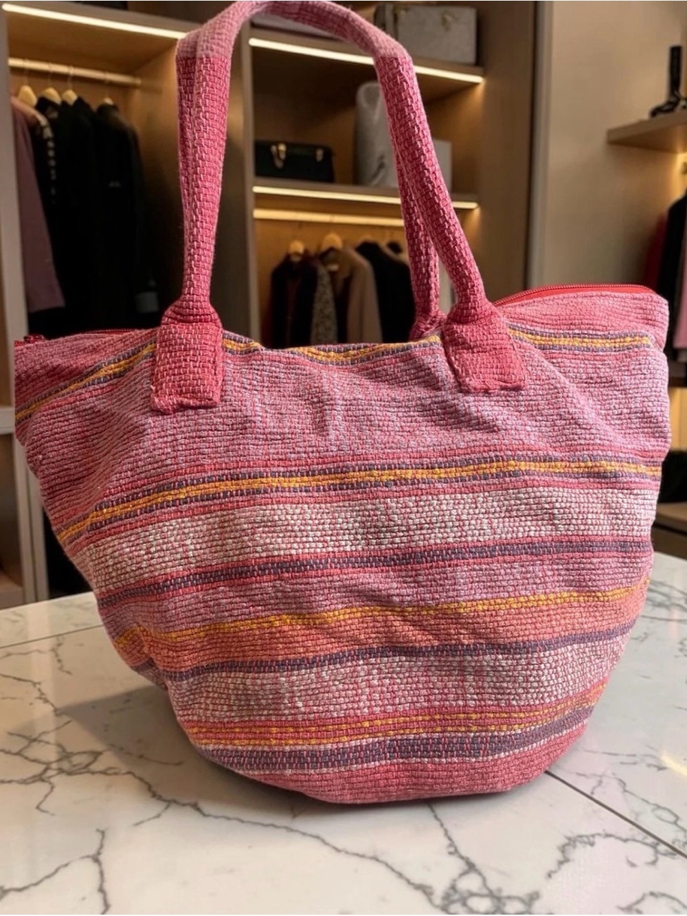 Billa Bong Vintage Pink Striped Woven Tote Bag Shoulder Beach Market Summer